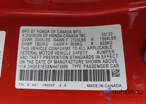 2022 Honda Civic Sedan from USA, damaged, VIN 2HGFE1E5XNH473866